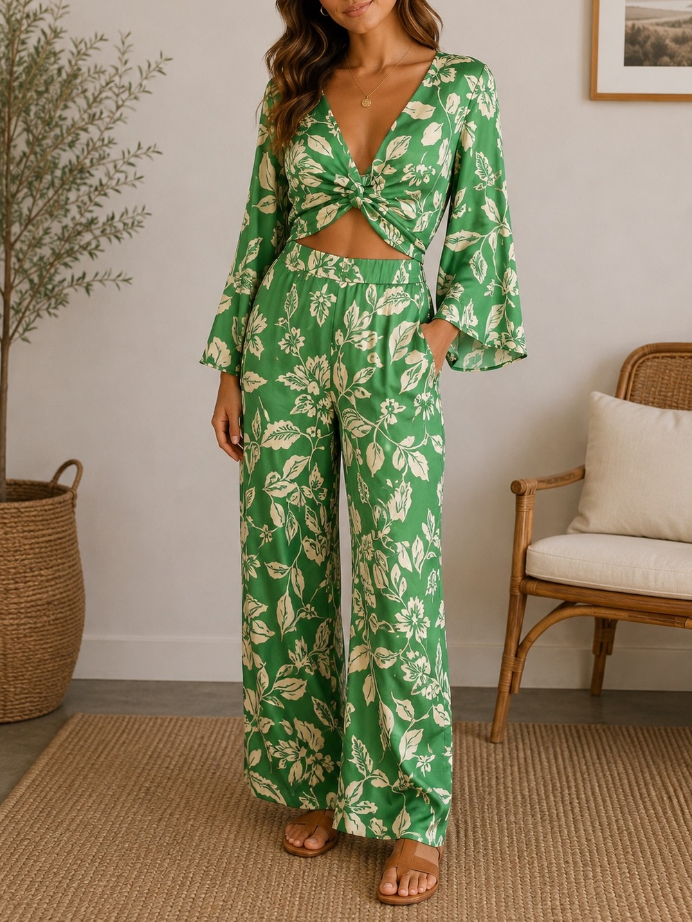 Zara green cream floral satiny jumpsuit V-neckline knot detail waist cut-outs